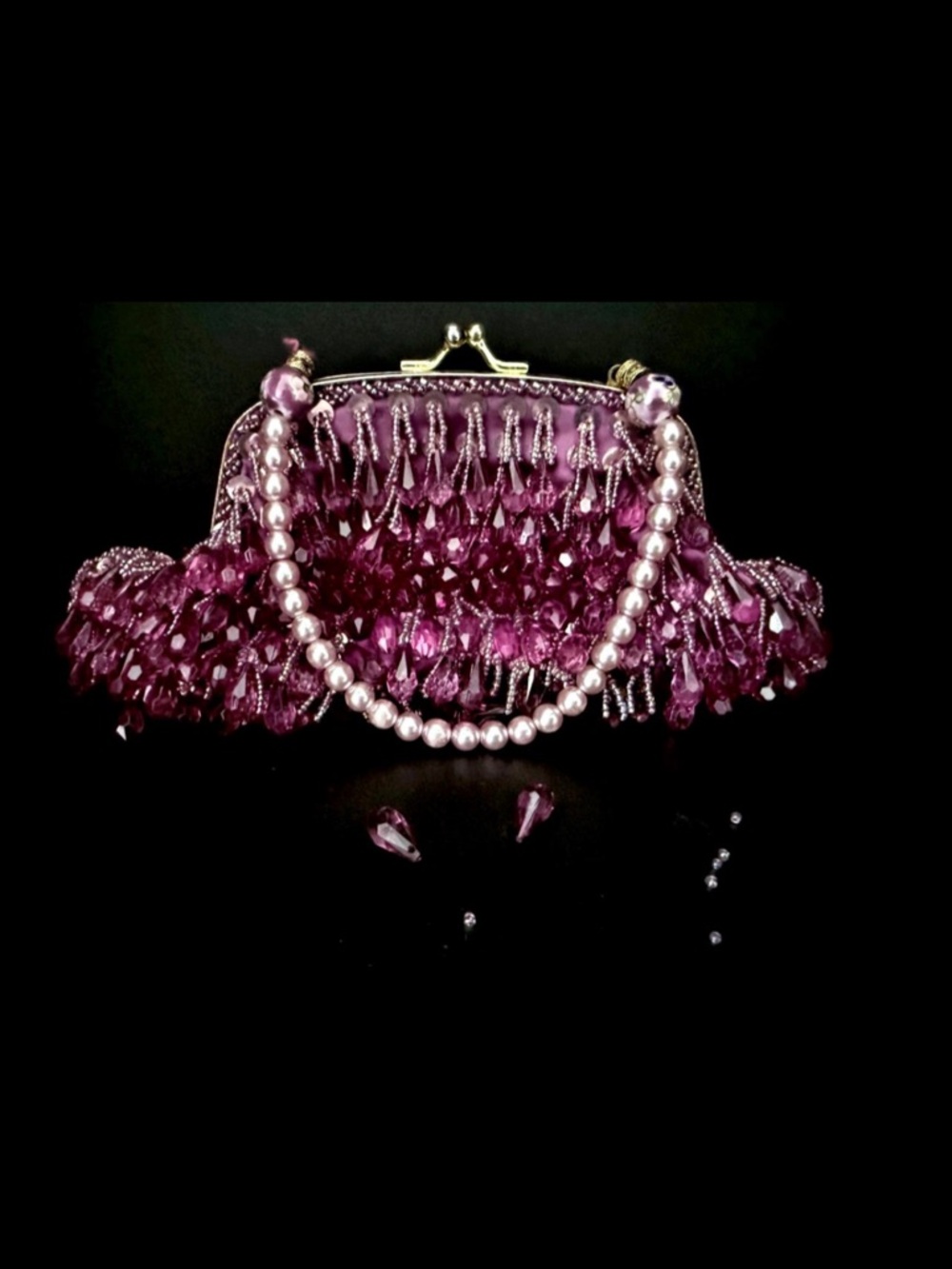 Vintage Lily Scott Lucite Beaded Evening Bag Plum Amethyst Pearl Handle - Picture 7 of 7